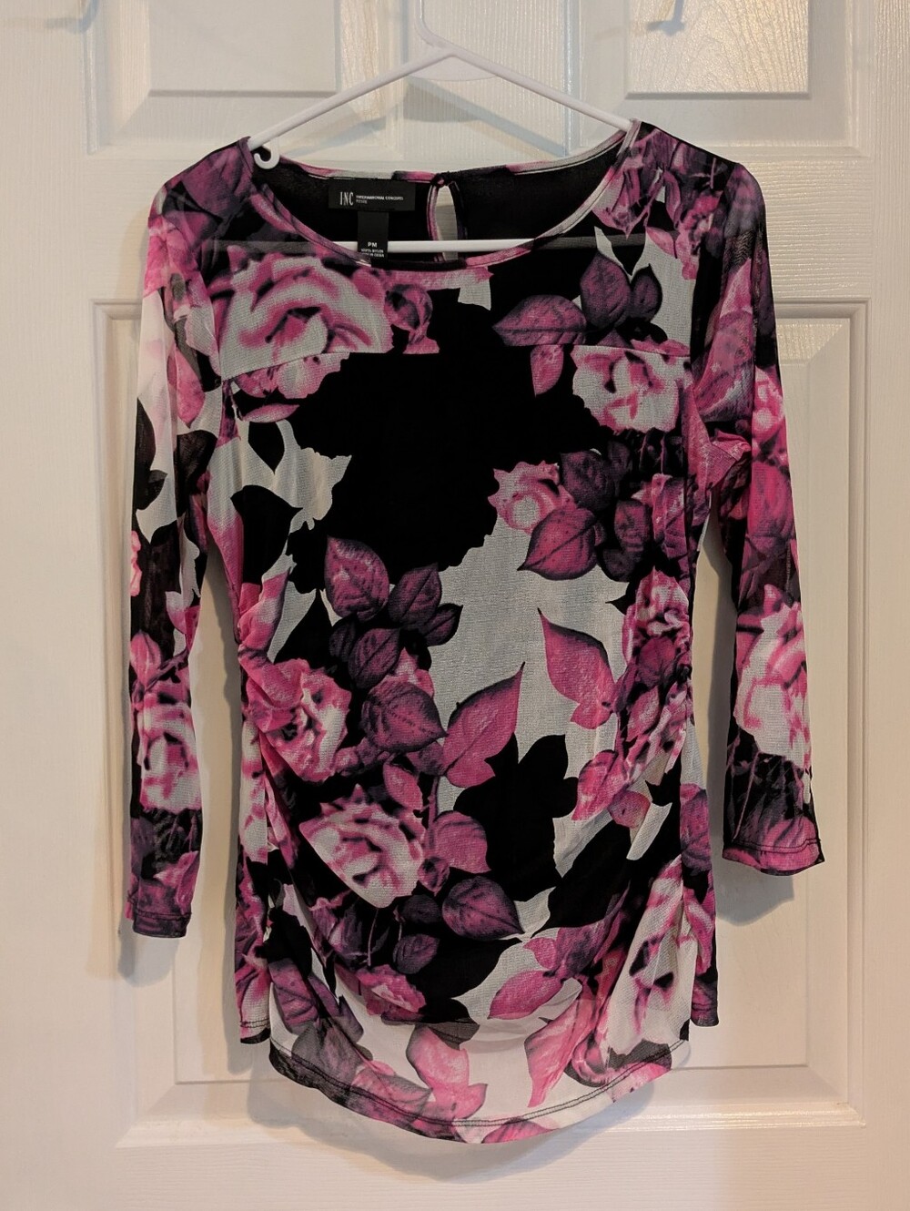 INC International Concepts Black and Pink Floral Sheer Long-Sleeve Top